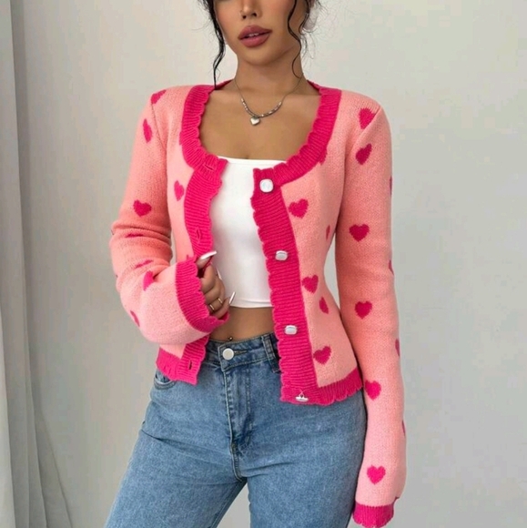 Valentine's Day Contrast Color Heart Pattern Cardigan - Picture 1 of 6